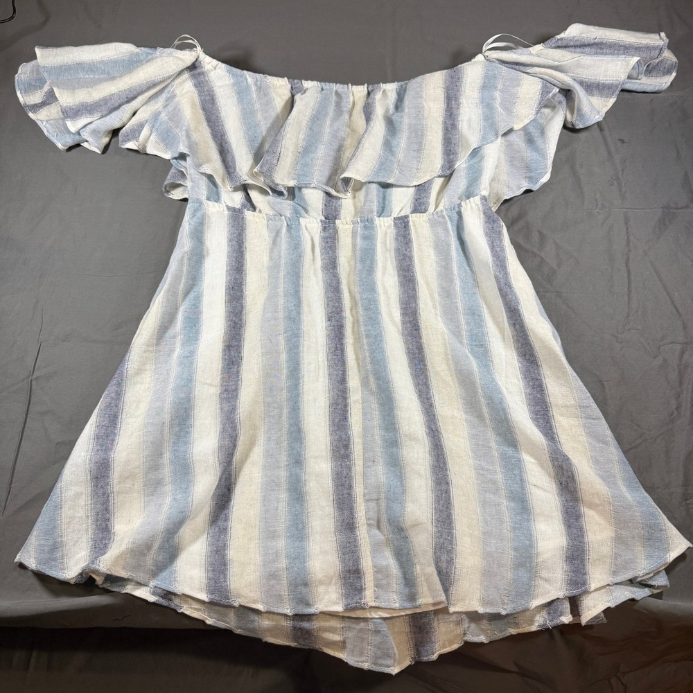 Aqua Off Shoulder Striped Ruffle Dress Blue White Linen Blend Size L